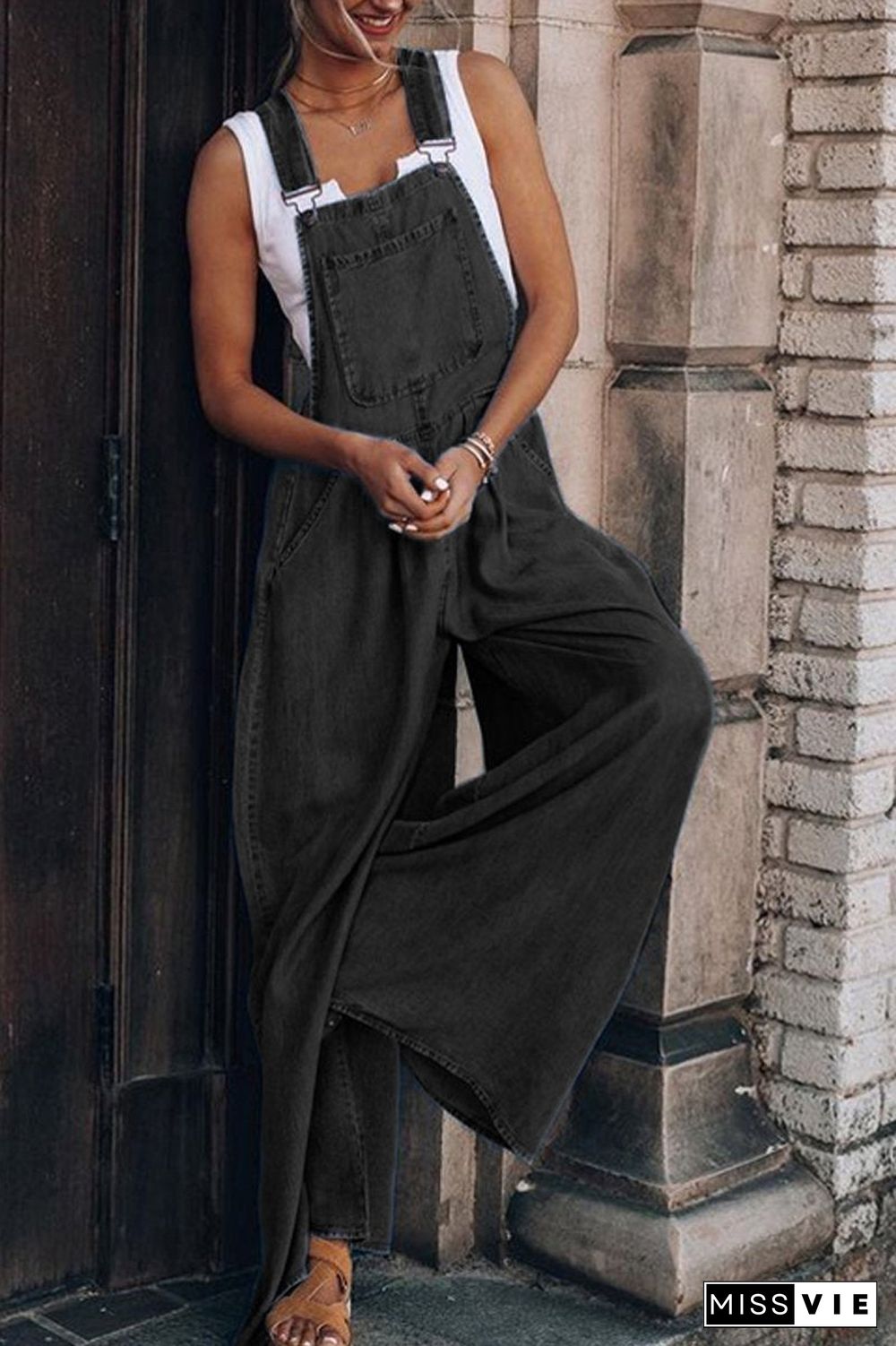 Denim Wide Leg Suspenders Jumpsuit