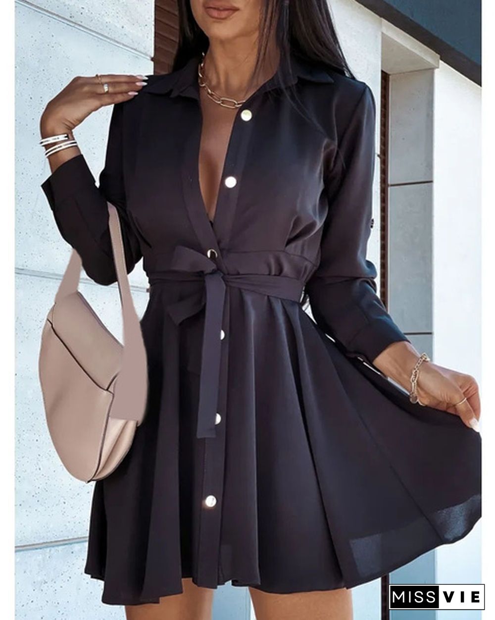 Turn-down Collar Long Sleeves Buttons Shirt Dress Women Fashion Collect Waist A Line Dress Elegant Ladies Dresses