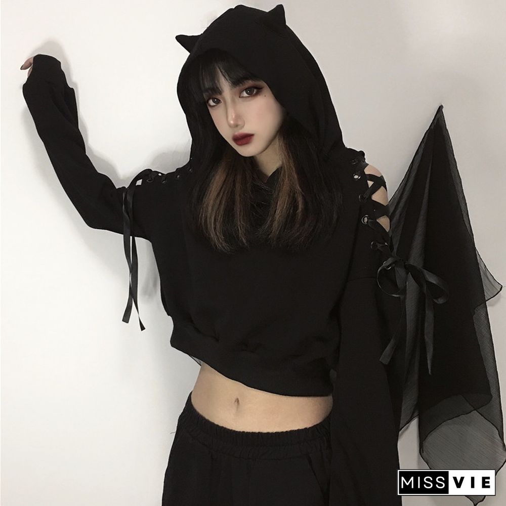 Cat Ears Lace Up Short Hoodie Black