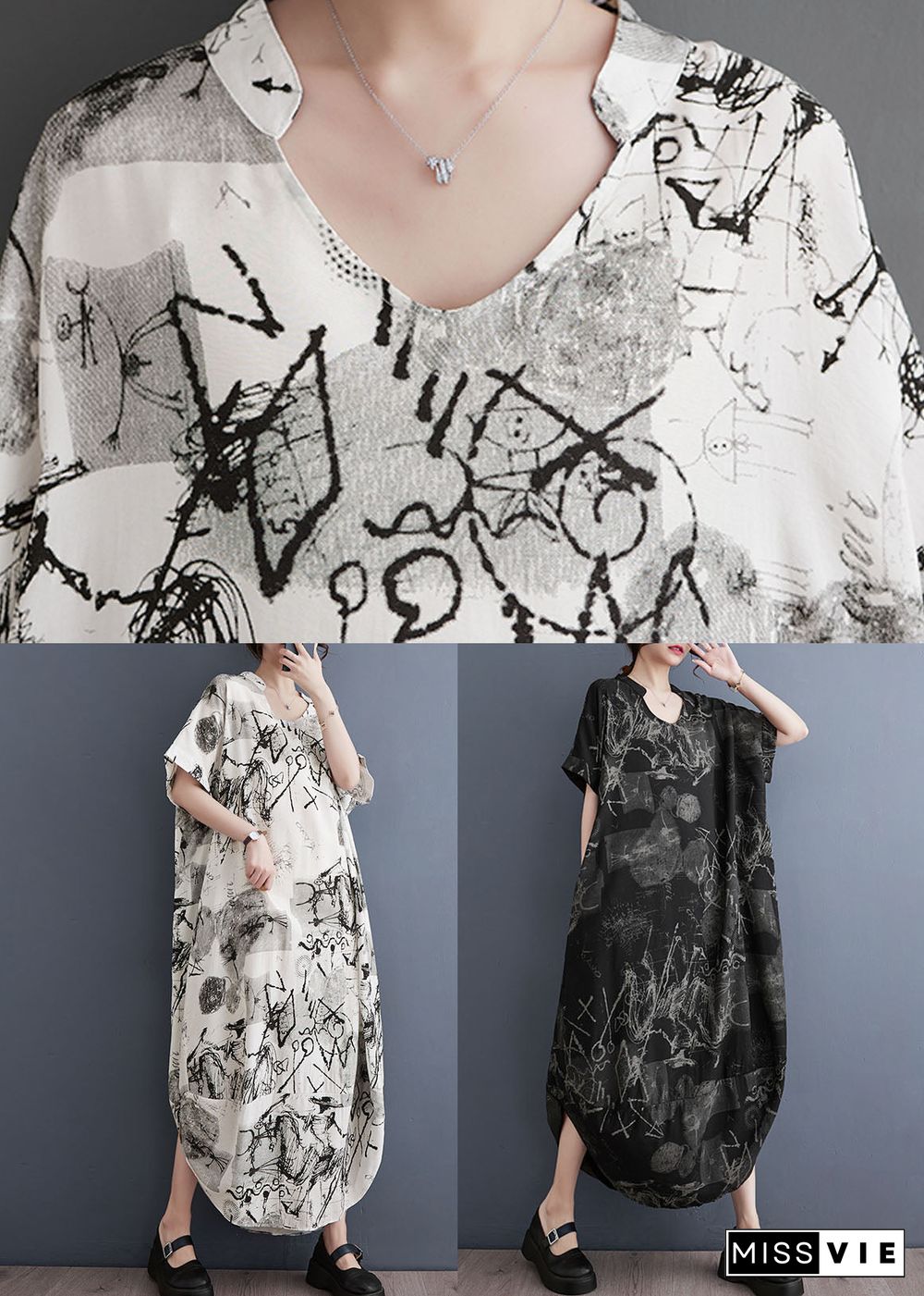 Art Black V Neck Print Patchwork Cotton Long Dress Summer