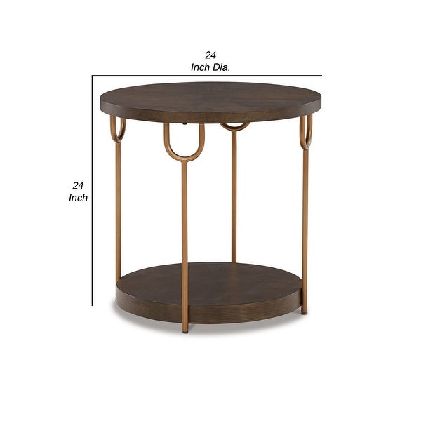 24 Inch Modern Round Side End Table， Espresso Brown Wood， Gold Metal Legs