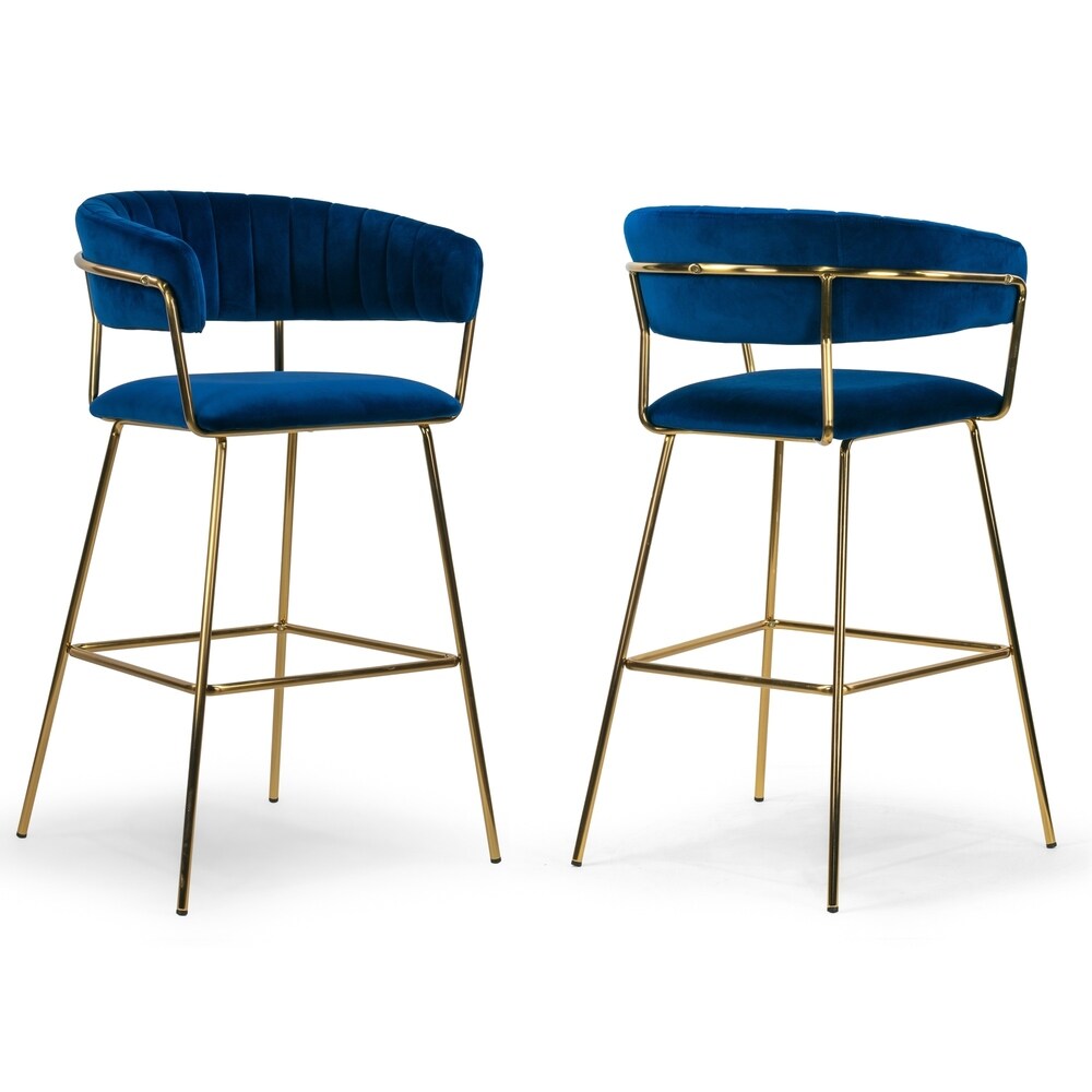 Set of 2 Anya Blue Velvet Barstool with Golden Metal Legs