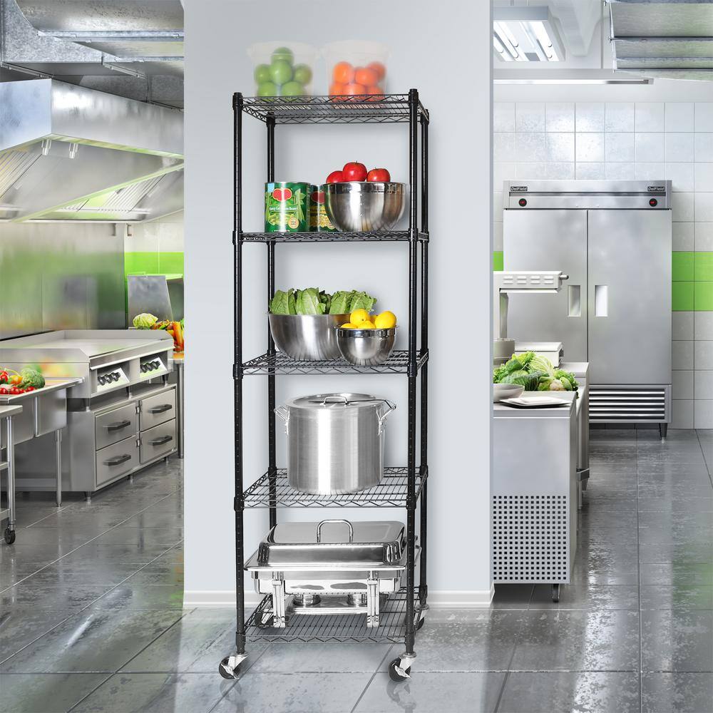 Seville Classics Black 5-Tier Rolling Steel Wire Shelving Unit (24 in. W x 75 in. H x 18 in. D) WEB607