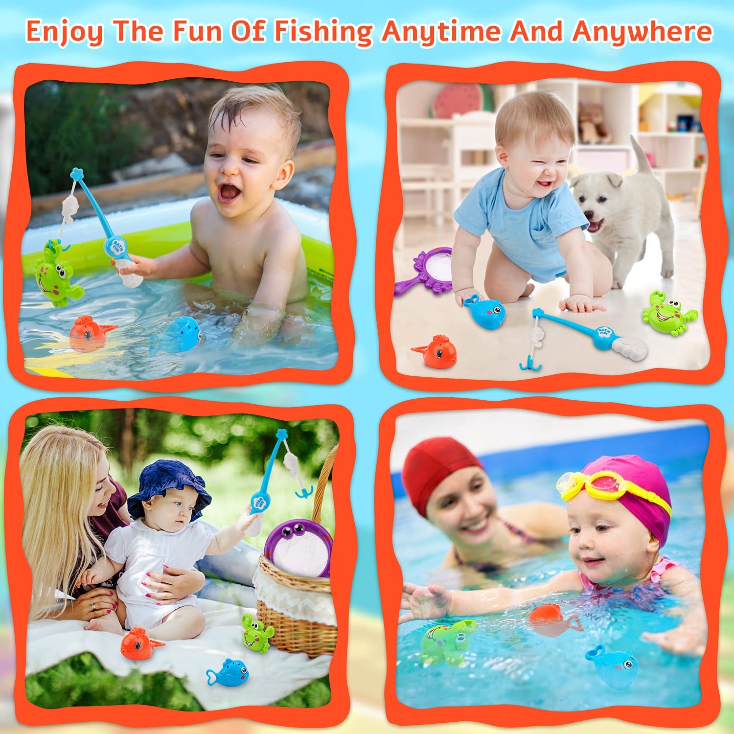 Baby Bath Fishing Toys， Bathtub Pool Toys Set with Fishing Pole and Net， Bath Toys for 1 Year Old Toddler Boys Girls