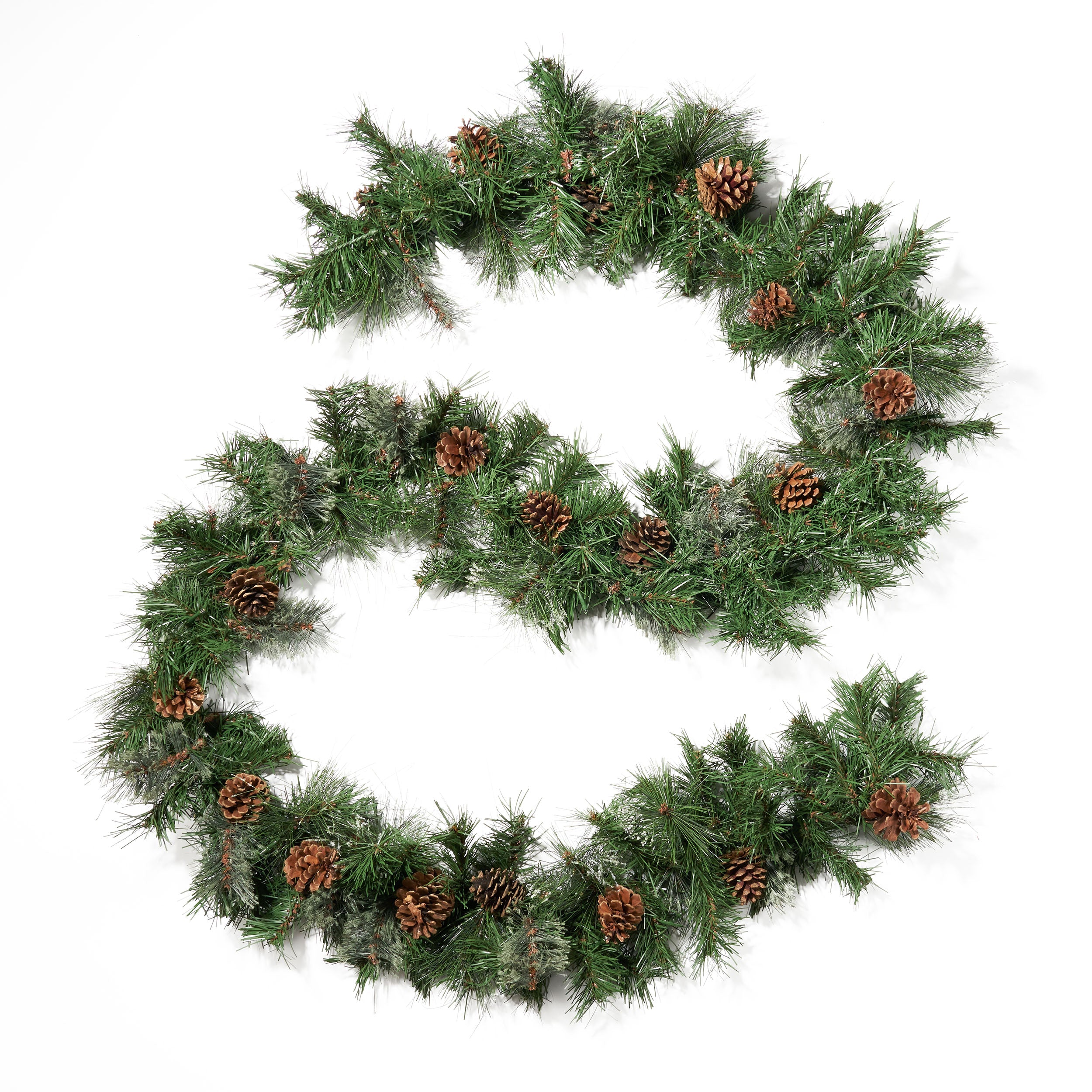 9-foot Mixed Spruce Pre-Lit Warm White LED Artificial Christmas Garland with Snowy Branches and Pinecones