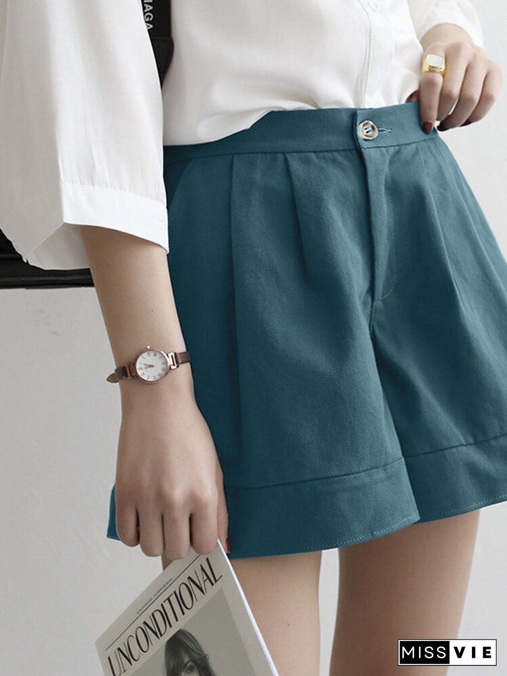 Solid Loose Button Elastic Waist Wide Leg Casual Shorts