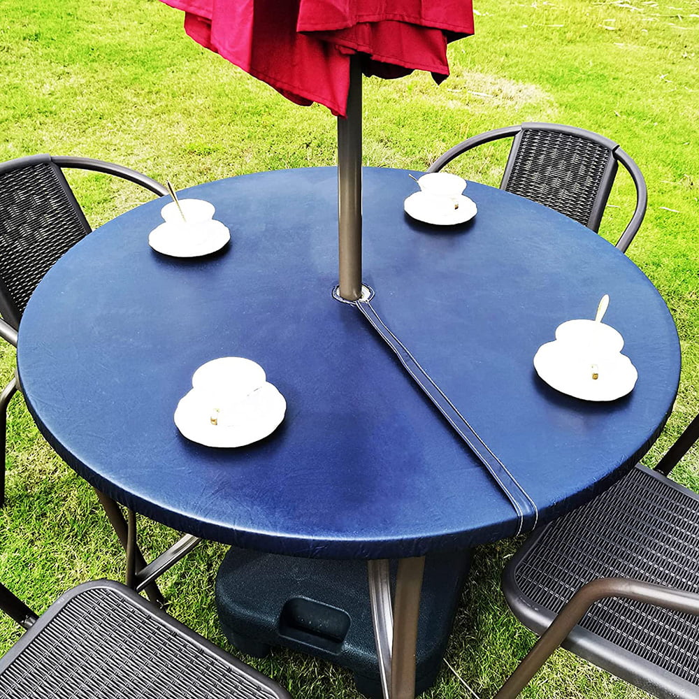 Vinyl Round Fitted Tablecloth With Umbrella Hole Table Cover With Flannel Backing Oil&Waterproof Wipeable Vibrant Colors Elastic Edge Table Cover - Dark Blue 45-56"