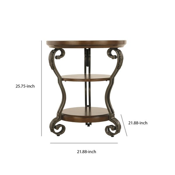 Chair Side End Table with 2 Open Shelves and Scrolled Metal Base， Brown - 25.75 H x 21.88 W x 21.88 L Inches