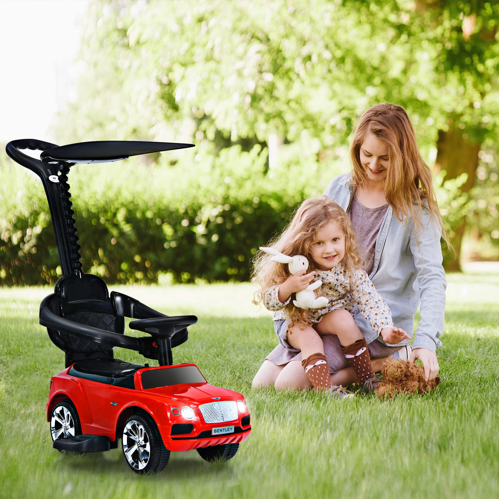 Costzon Push Cars for Toddlers, 3 in 1 Bentley Stroller Sliding Walking Car w/ Canopy