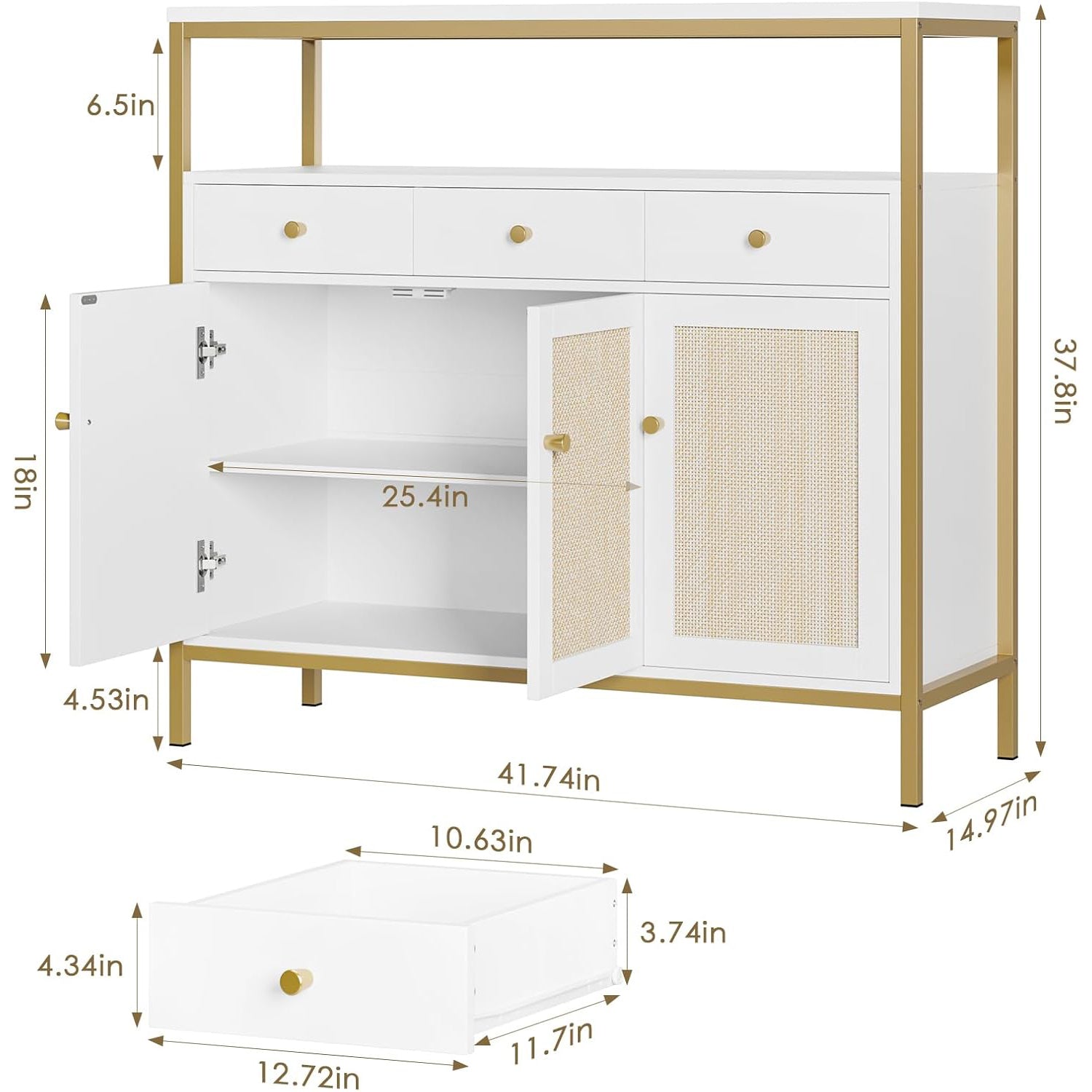 43.3 Inch White Rattan Kitchen Cabinet Dining Sideboard, Buffet Cabinet with Storage