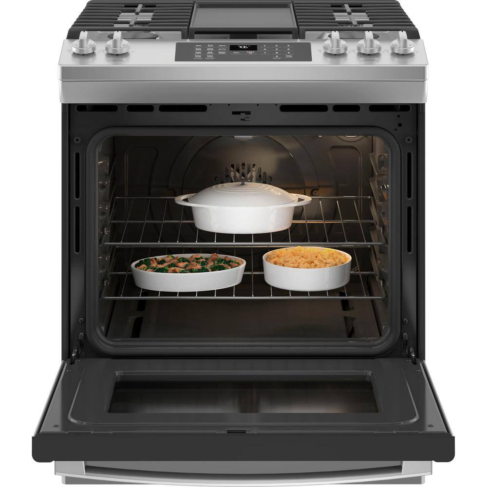 GE 30 in. 5.6 cu. ft. Slide-In Gas Range with Self-Cleaning Convection Oven and Air Fry in Stainless Steel JGS760SPSS