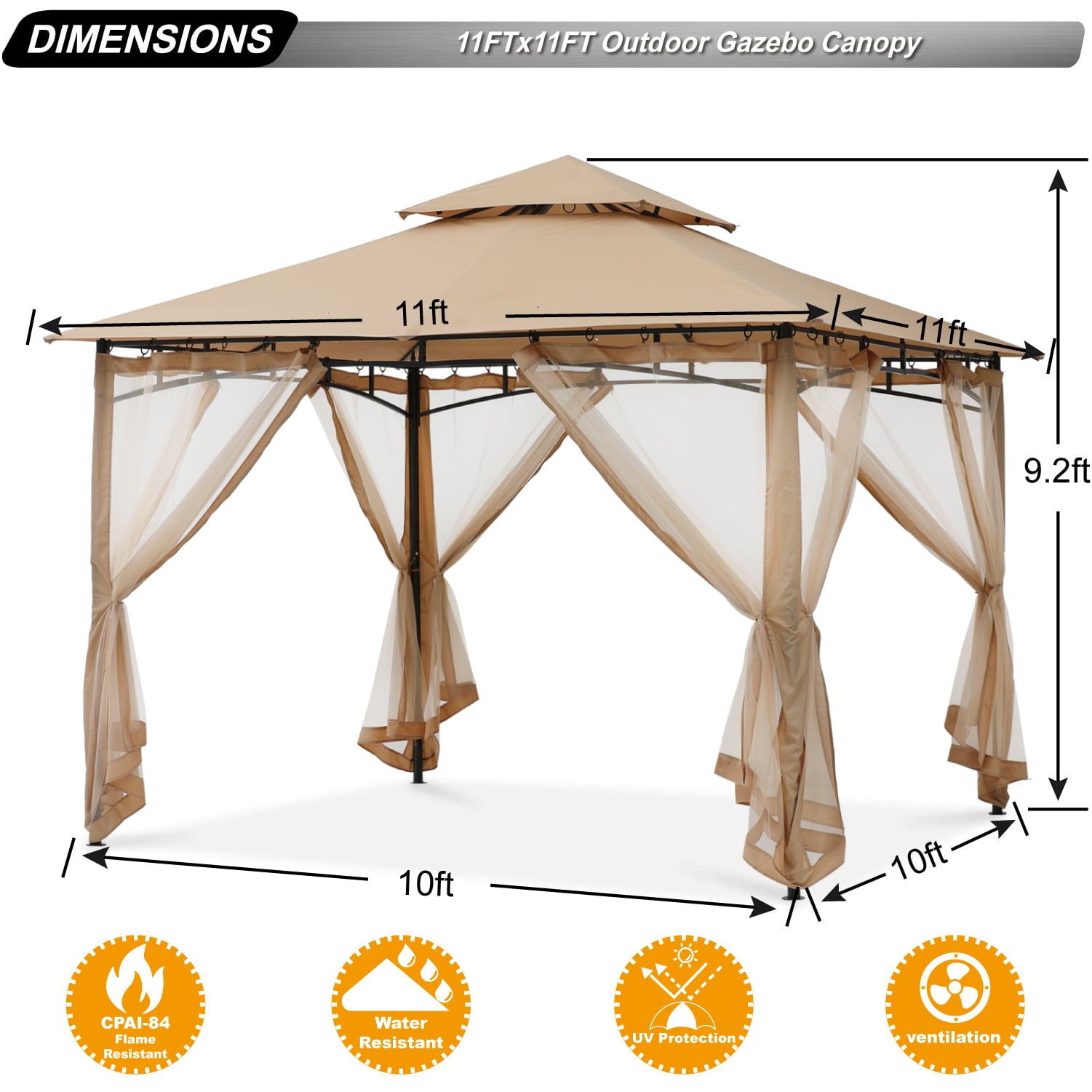 ABCCANOPY 11'x11' Patio Gazebo With Mosquito Netting and Double Soft Roof Canopies for Shade and Rain,Khaki