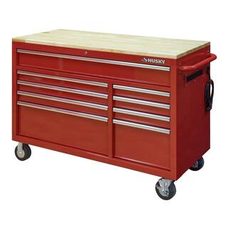 Husky 52 in. W x 25 in. D Standard Duty 9-Drawer Mobile Workbench Cabinet with Solid Wood Top in Gloss Red HOTC5209B22M