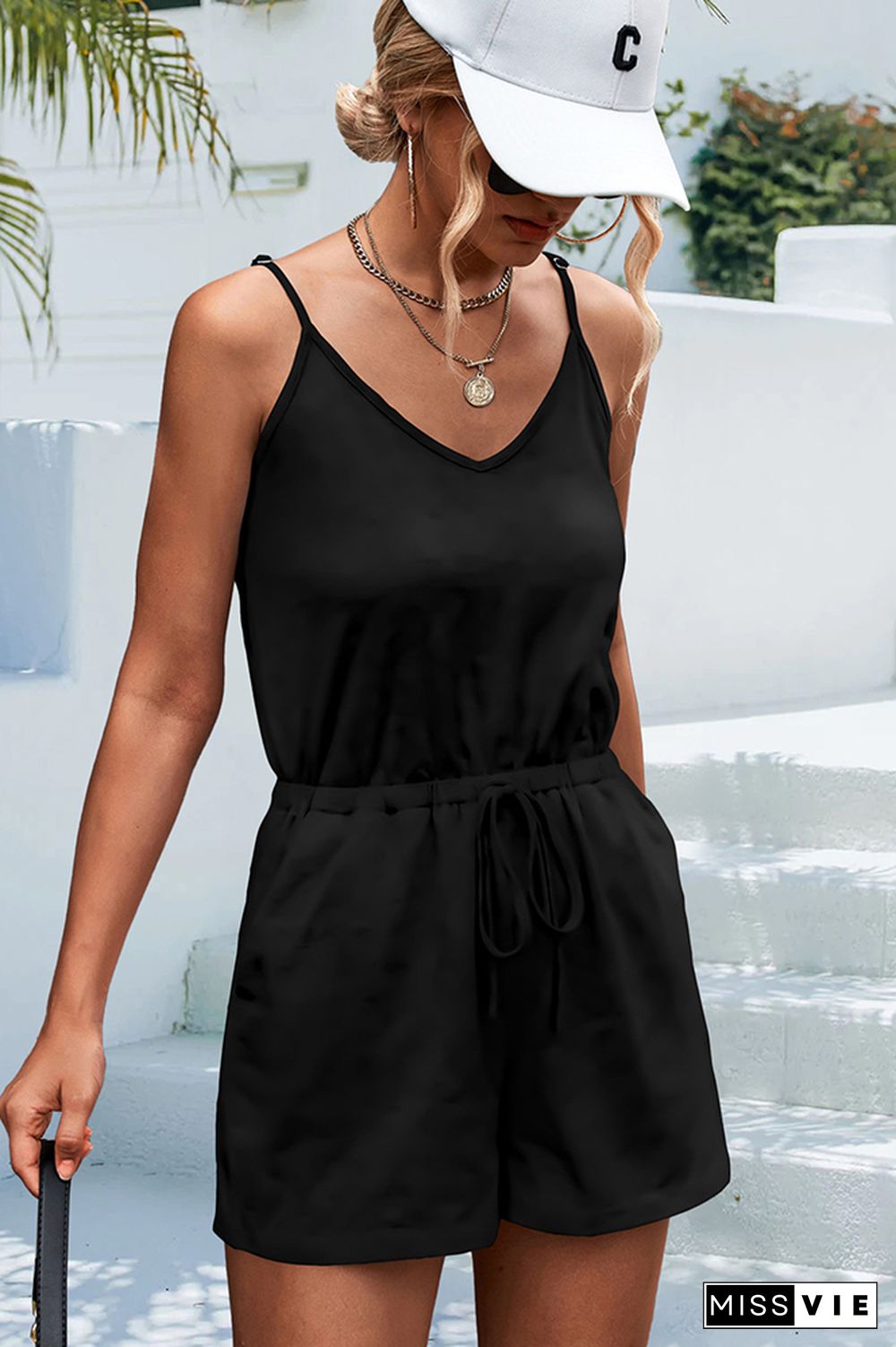 Sleeveless V Neck One Piece Plain Romper