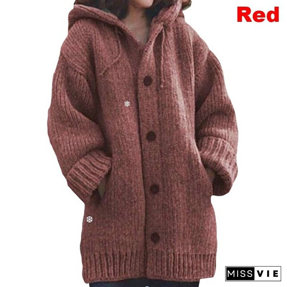 Autumn and Winter Women's Fashion Warm Coat Knit Hooded Sweater Solid Color Mid-length Button Up Knitted Cardigan Jackets for Women Outwear Plus Size Casacos De Inverno Feminino