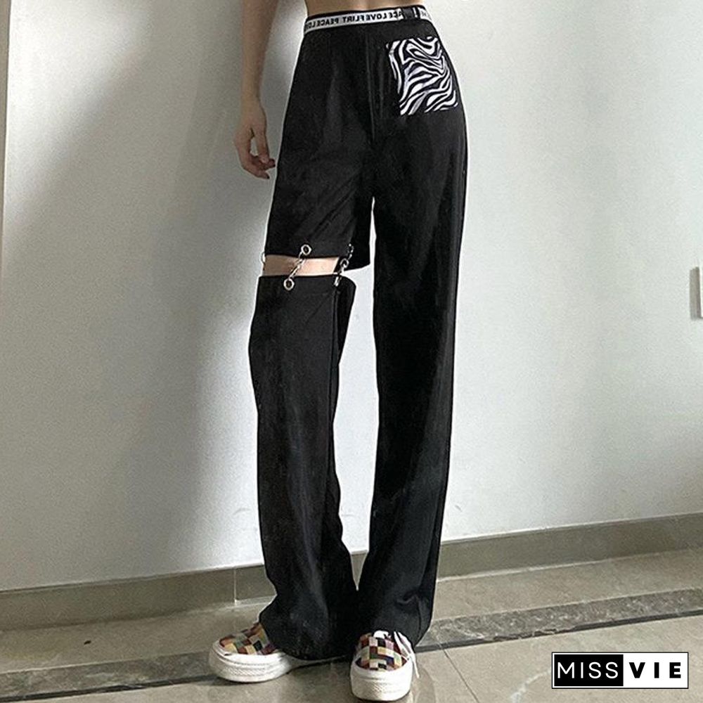 Hollow Out Pocket Straight Casual Pants