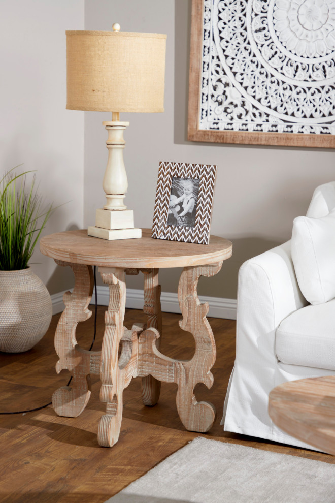 Round Reclaimed Wood End Table With Whitewash Finish and Scalloped Base   French Country   Side Tables And End Tables   by Brimfield  ampMay  Houzz