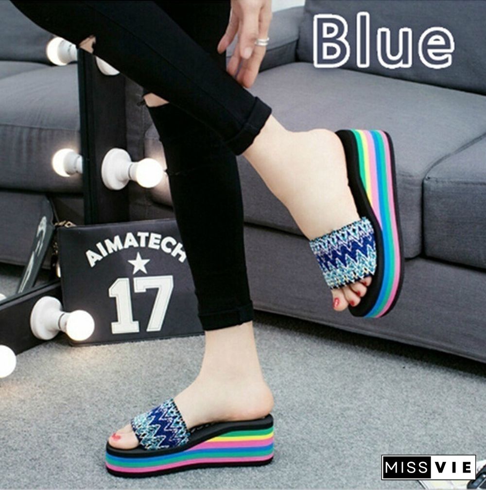 Women Fashion Summer High Heels Sandals Rainbow Non-Slip Thick Soled Slippers Ladies Platform Wedge Beach Slippers