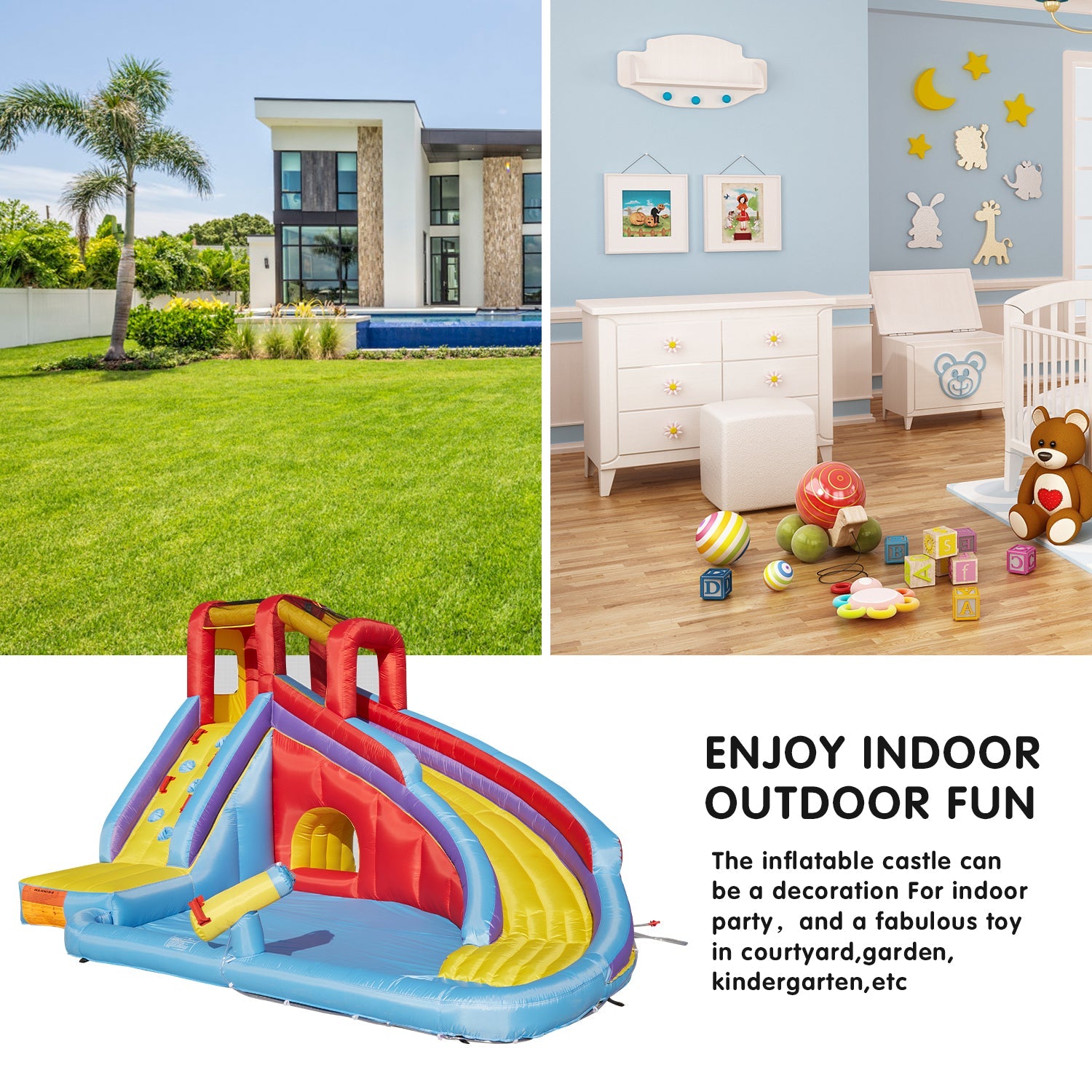 Kinbor Inflatable Bounce House Pool Water Slide Bouncy Castle w/ Climbing Wall Long Slide & Air Blower, Colorful