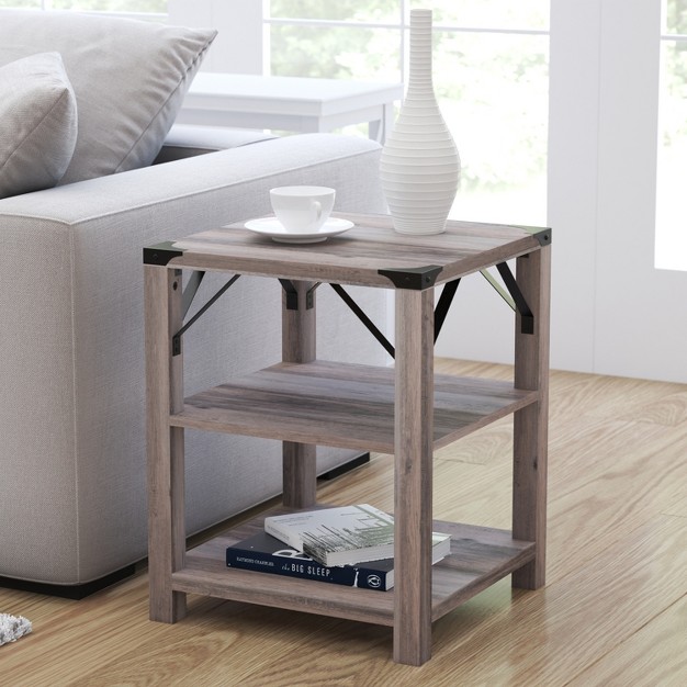 Merrick Lane Modern Farmhouse Engineered Wood End Table With Two Tiered Shelving And Powder Coated Steel Accents