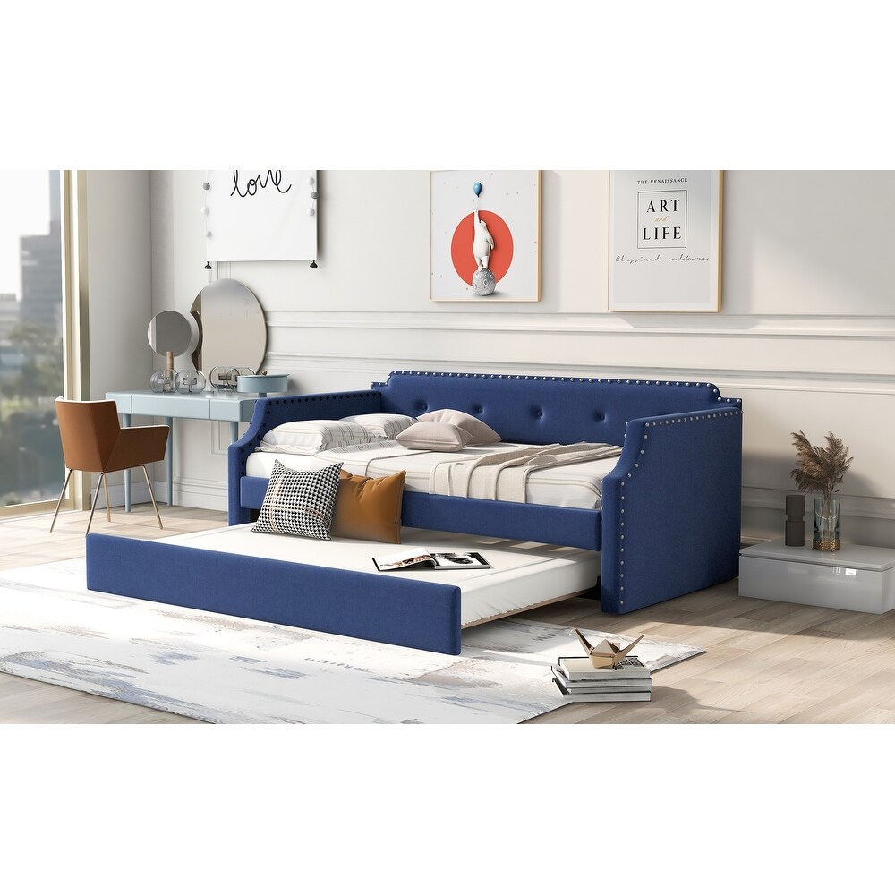 Twin Size Upholstered Daybed with Trundle  Sofa Bedframe with Wood Slat Support  for Livingroom Bedroom  No Box Spring Required