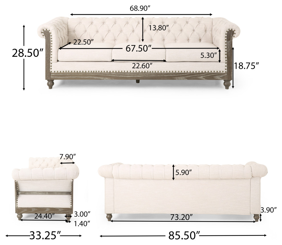 Bowes Chesterfield Tufted 3 Seater Sofa with Nailhead Trim   Farmhouse   Sofas   by GDFStudio  Houzz