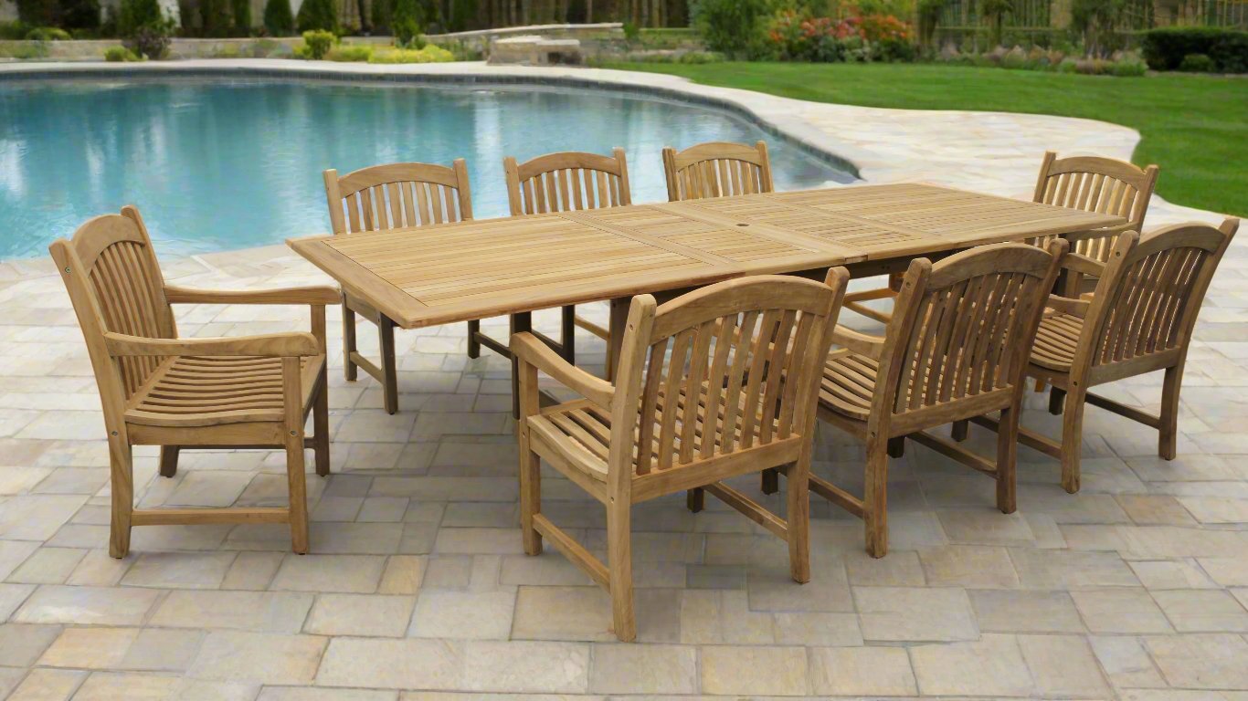 Teak Banquet 9pc Outdoor Dining Set (Teak Extendable Table 88-118 with 8 Teak Tista Arnchairs +FREE Cushions)