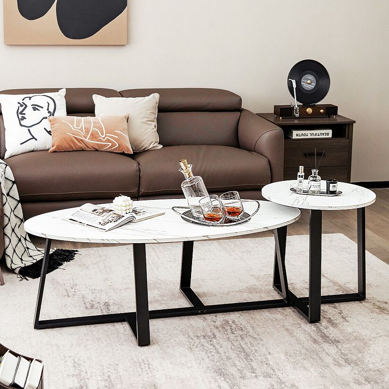 Set of 2 Modern Faux Marble Nesting Coffee Table Set with Oval and Round Table-White