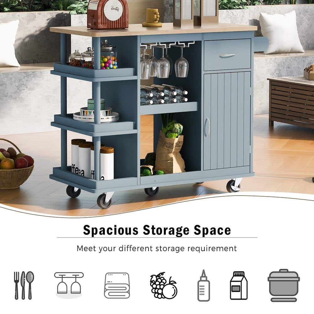 Kitchen Cart Cabinet with Wood Top and Adjustable Storage Shelves