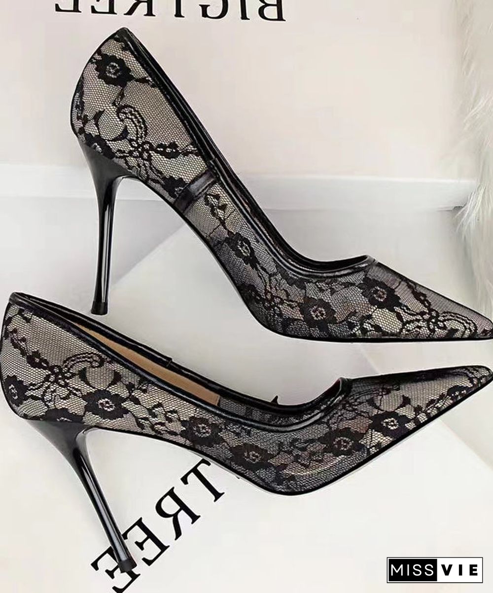 Pointed toe stiletto high heels female lace mesh sexy bed hollow single shoes spring new