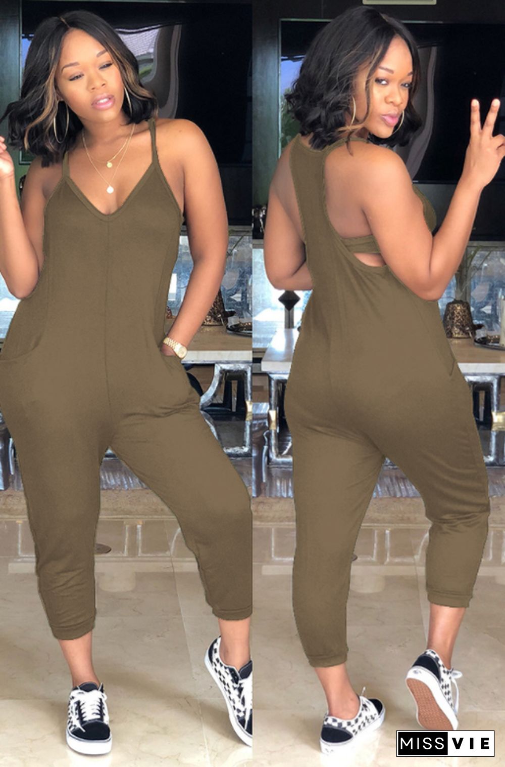 Brown Spaghetti Strap Romper with Pockets