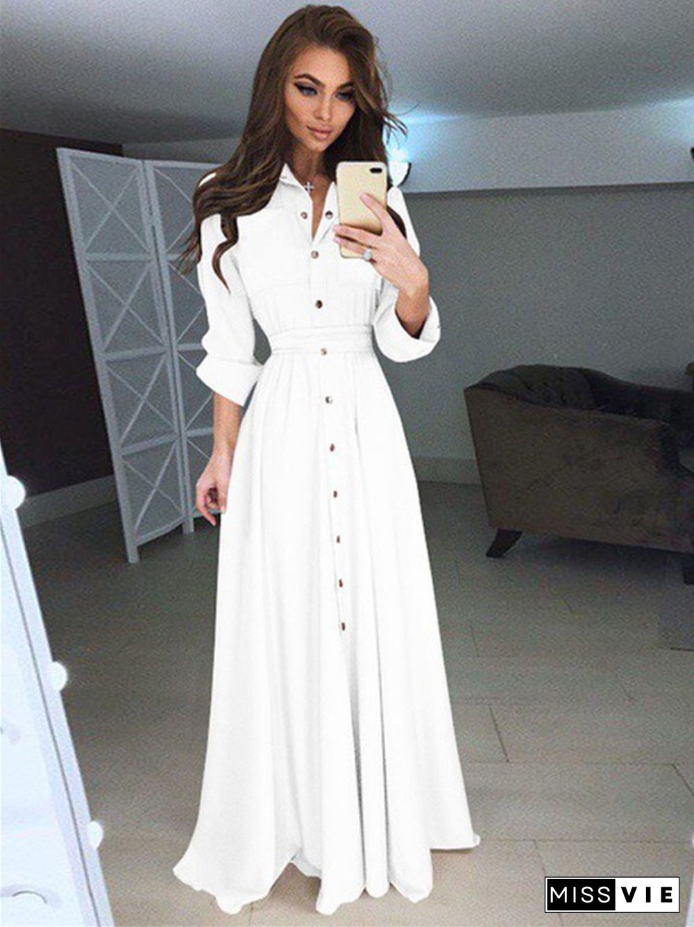 Long Sleeve Button Lace Solid Color Dress