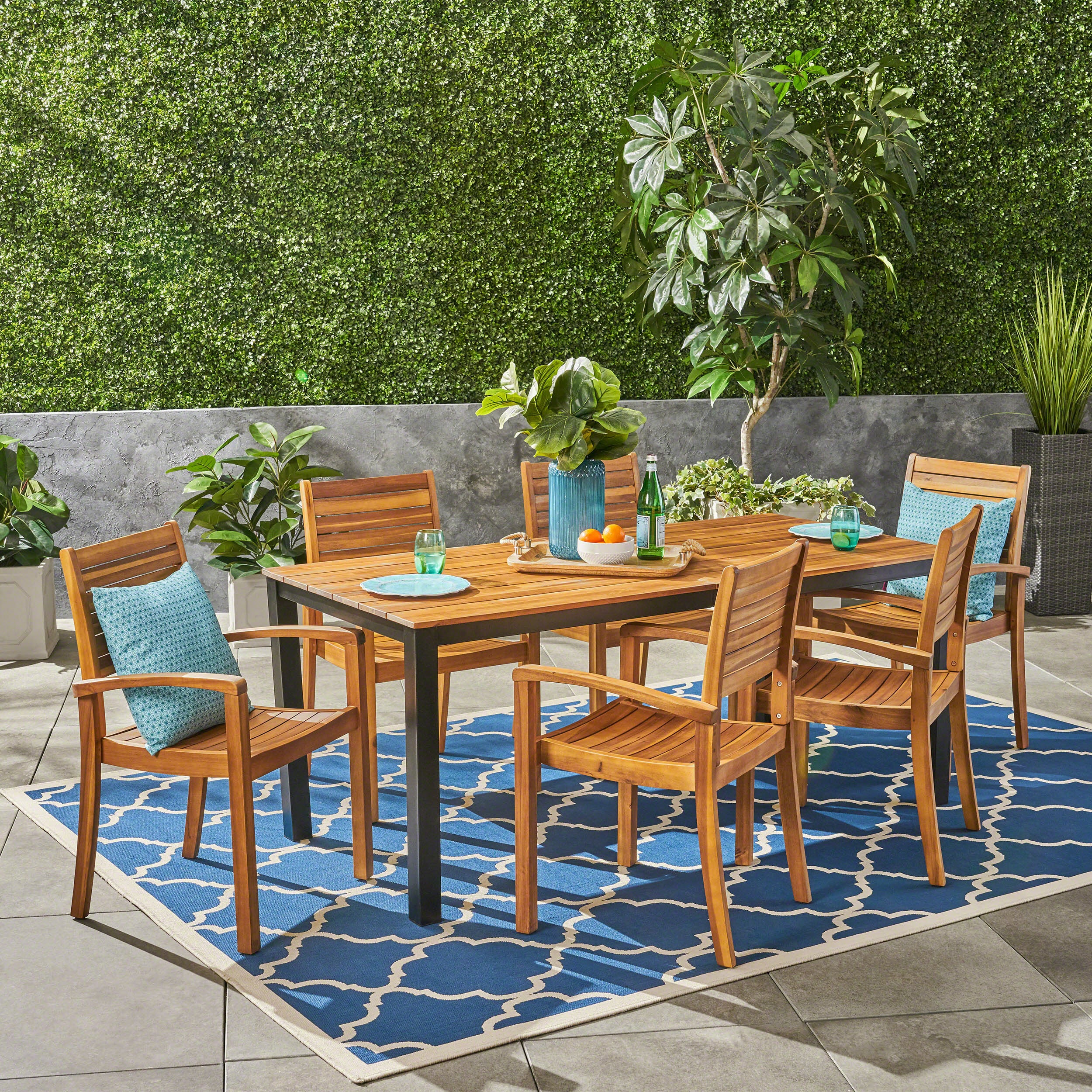 Ryan Outdoor 6-Seater Rectangular Acacia Wood Dining Set, Teak Finish