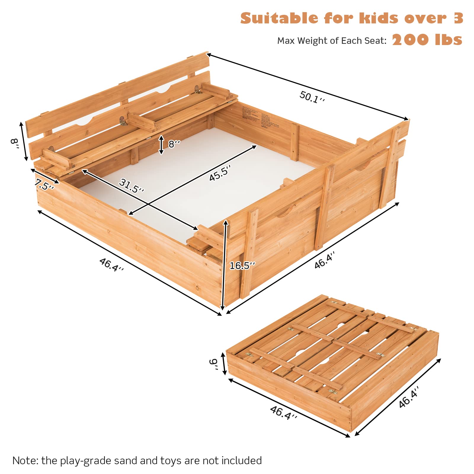 Costzon Kids Large Wooden Sandbox with Cover, 2 Convertible Bench Seats, Children Outdoor Play Furniture