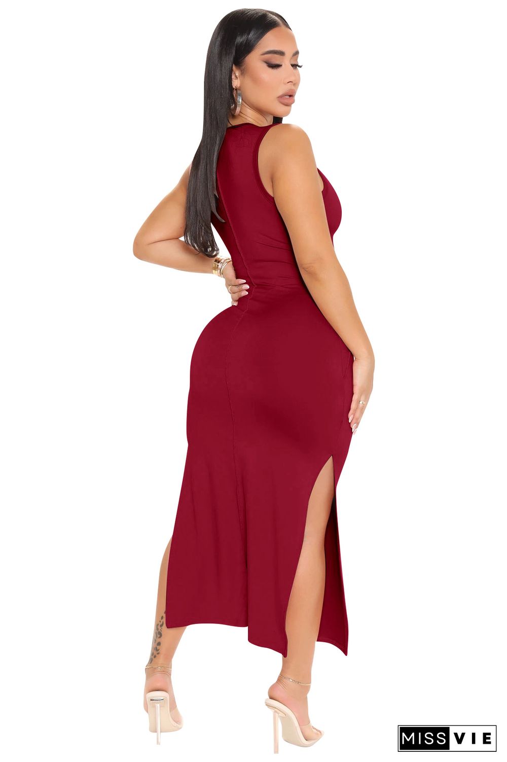 Solid Color Sleeveless Side Slit Basic Tank Dresses