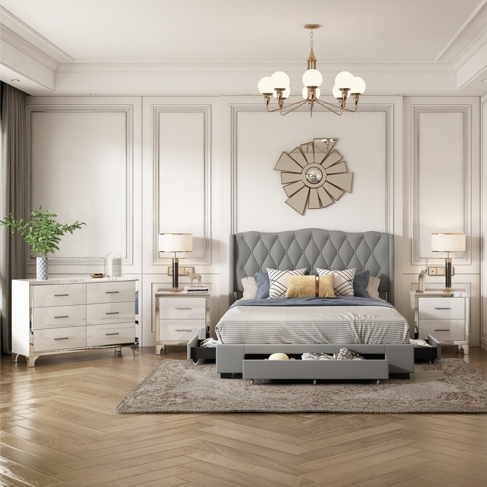 4 Piece Bedroom Set with Upholstered Bed  Mirrored Nightstands  and Dresser