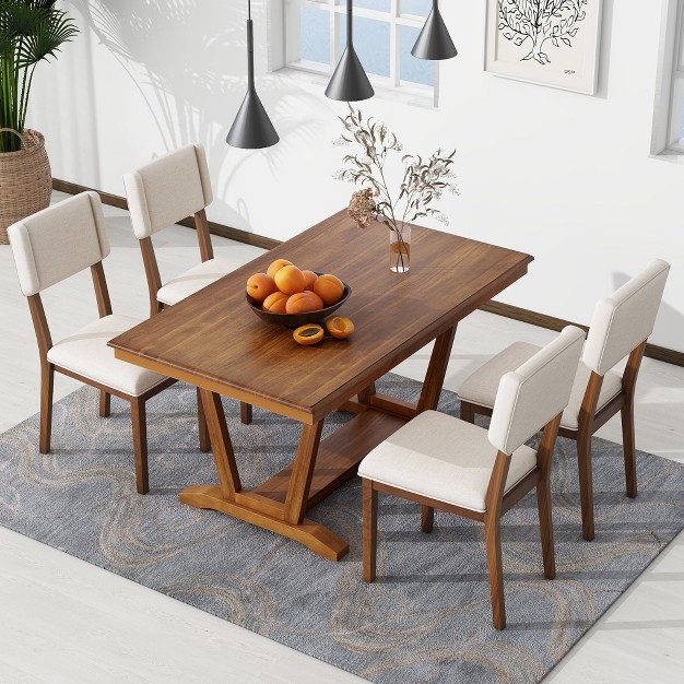 5 Pcs Dining Table Set Rectangular Dining Table With Trestle Table Base And 4 Upholstered Chairs modernluxe