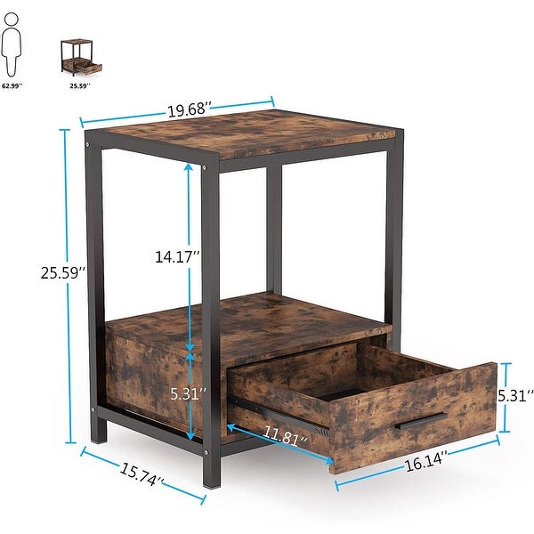 Industrial End Table with Drawer and Storage Shelves， Side Table and Nightstands