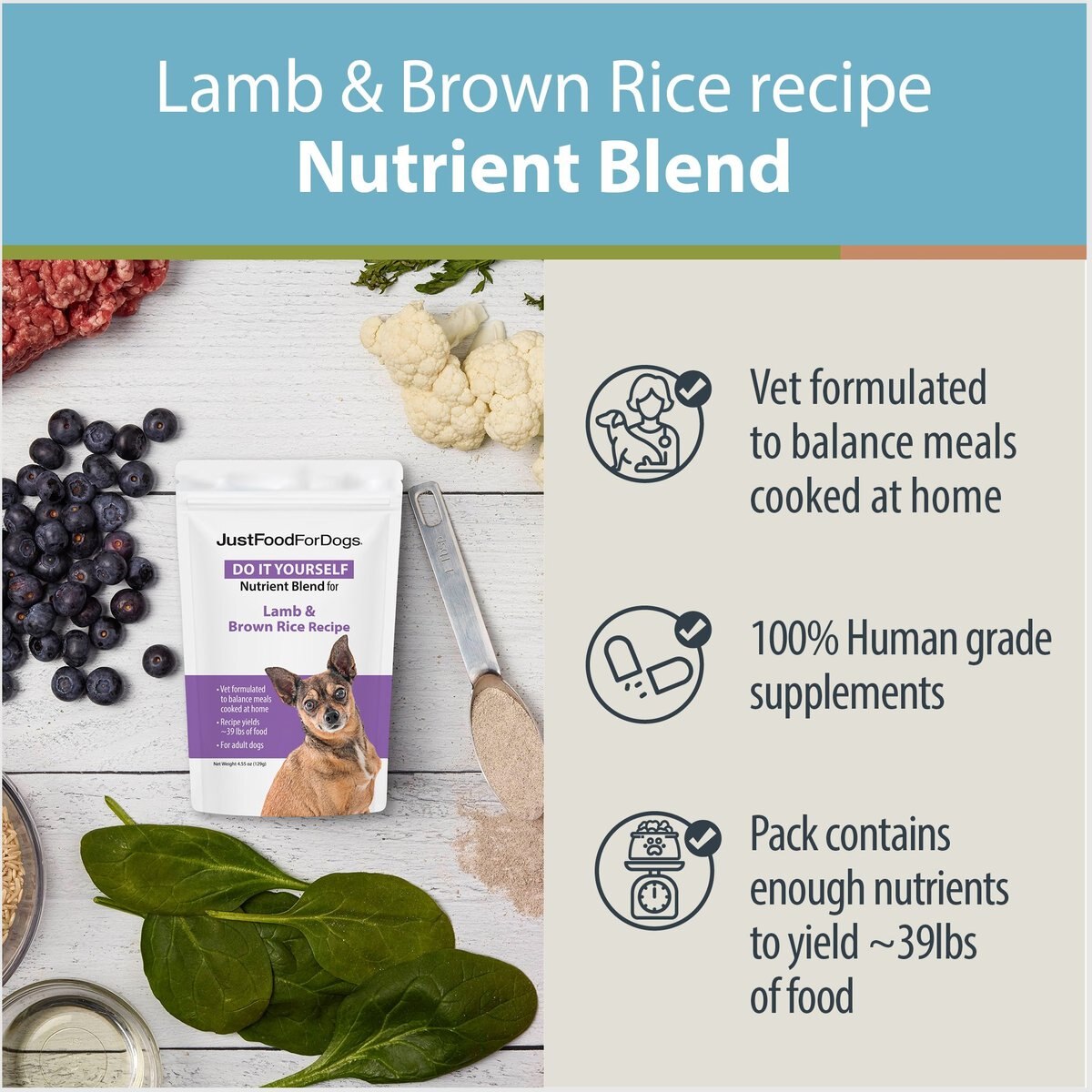 JustFoodForDogs DoItYourself Lamb and Brown Rice Recipe Fresh Dog Food Recipe and Nutrient Blend