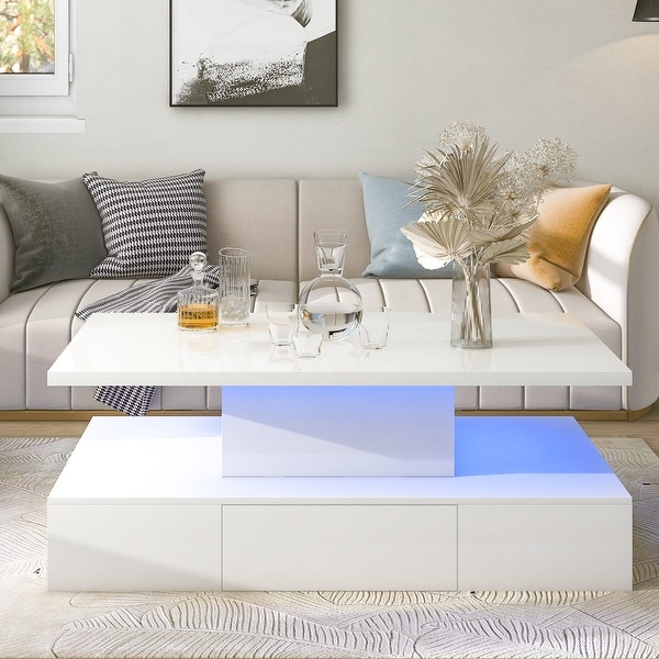 2-Tiers Rectangle Glossy Coffee Table with a Drawer Center Table with Plug-in 16 Colors LED Lighting End Table for Living Room