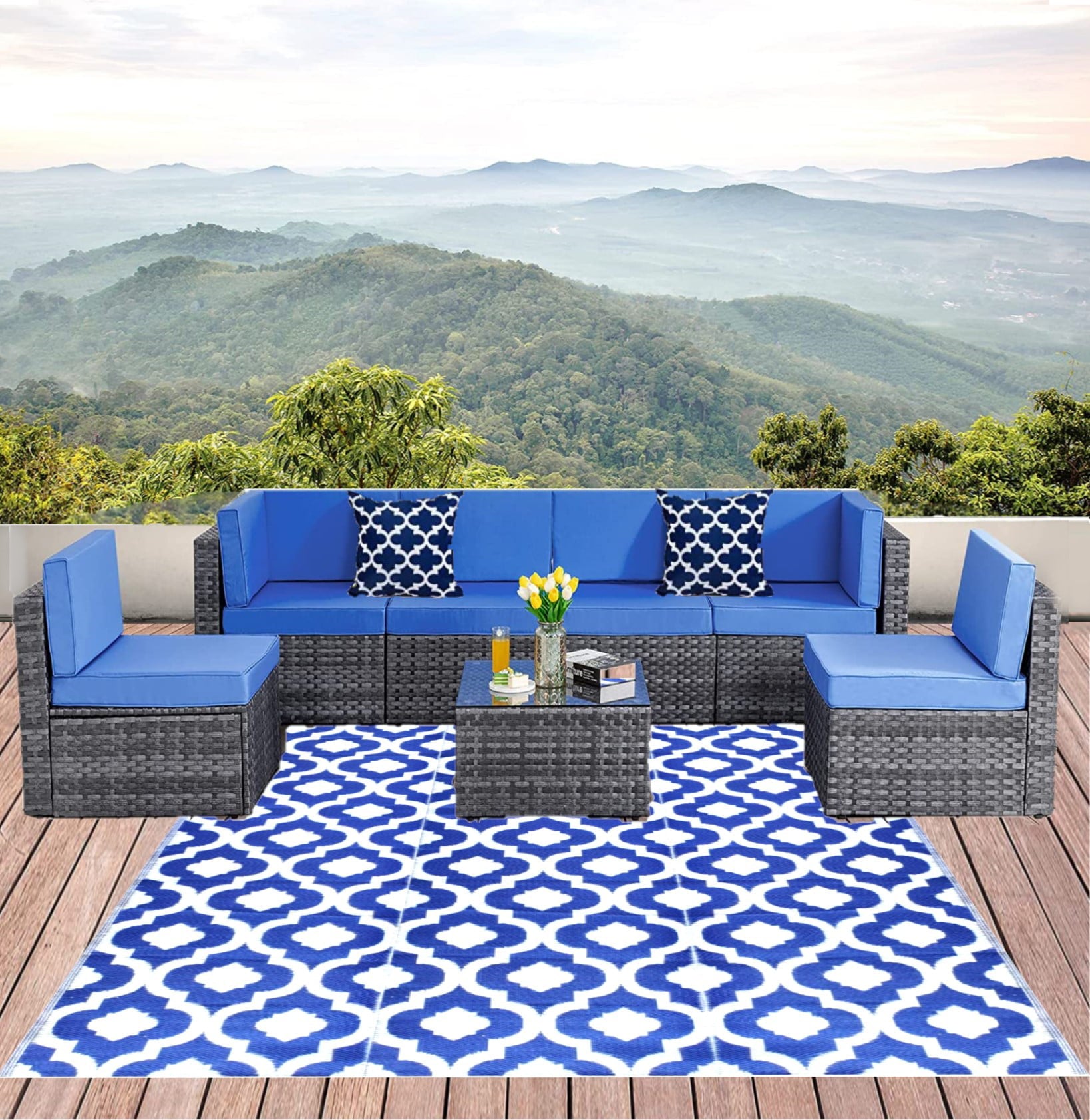 BalajeesUSA 9’x12’ Blue Large Outdoor Patio Plastic Straw Rugs Camping Rv Picnic Rug 4484