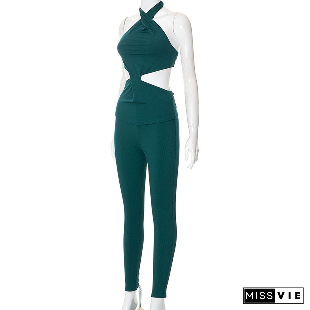 Backless Halter Tops Skinny Pants Green Matching Sets