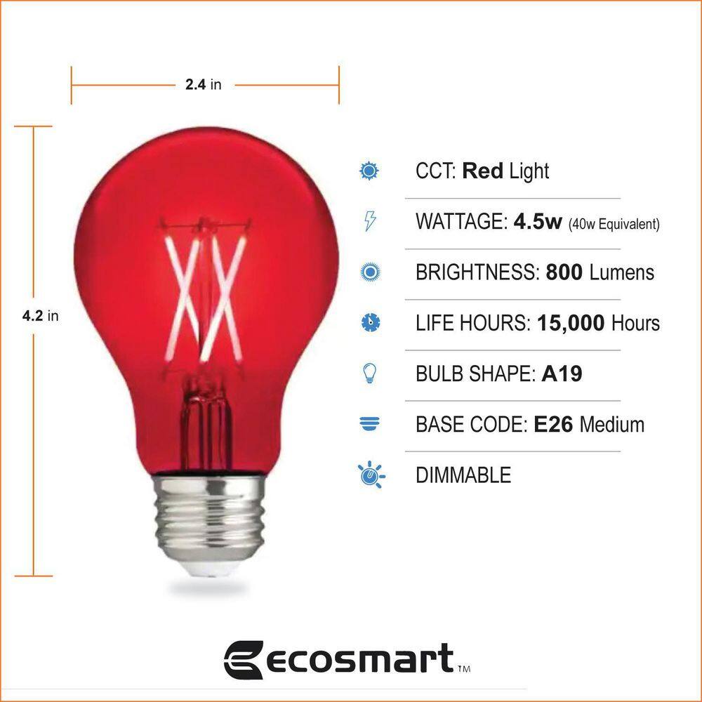 EcoSmart 40-Watt Equivalent A19 Dimmable Filament Red Colored Glass LED Light Bulb (1-Pack) FG-04240