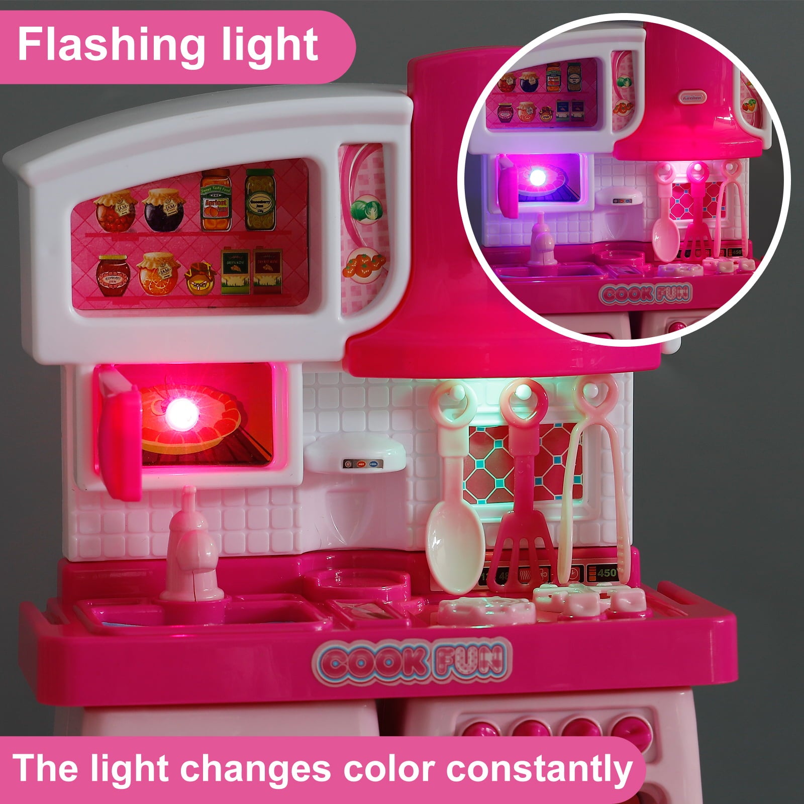 Play Kitchen Toys for Girls 3-6 Years Mini Oven Playset Pretend Food Cooking Pink Kitchen Toys for Toddlers Sounds and Light Stove (Miniature - Barbie doll Size)