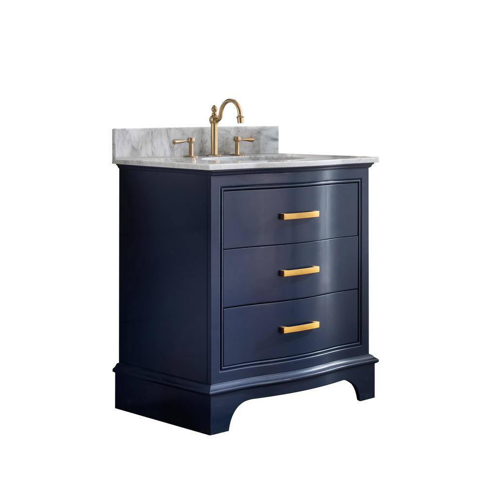 SUDIO Monroe 30 in. W x 22 in. D Bath Vanity in Navy Blue with Natural Marble Vanity Top in Carrara White with White Basin Monroe-30NB