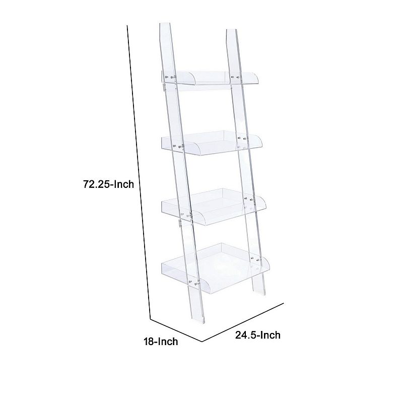 72 Inch Modern Ladder Bookcase， 4 Shelves， 3 Tray Edges， Clear Acrylic