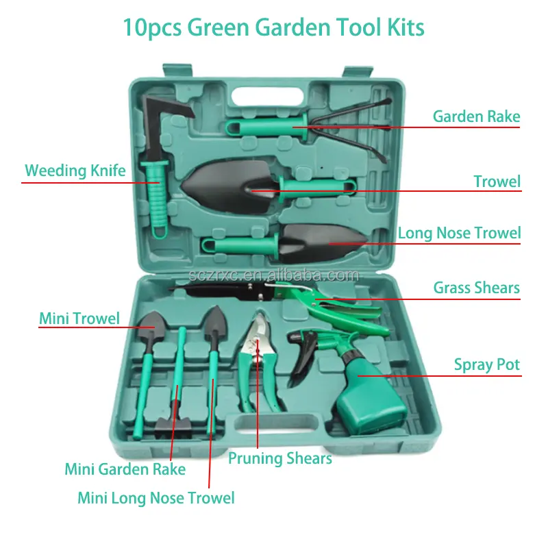 Customized Portable 10pcs Gardening Hand Tools Kits For Home Useful Green Garden Tool Set With Plastic Case