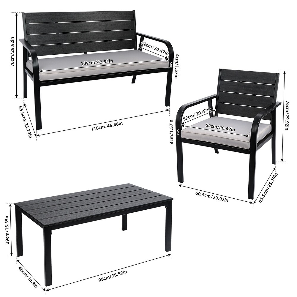 4 PCS Outdoor Patio Chairs Set with Coffee Table  Outdoor Furniture Set with High Density PE and Heavy duty Steel Frame