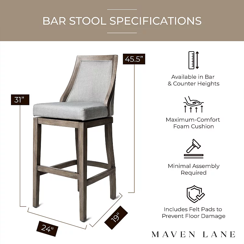 Maven Lane Vienna Bar Stool， Reclaimed Oak Finish W/ Ash Grey Fabric Upholstery