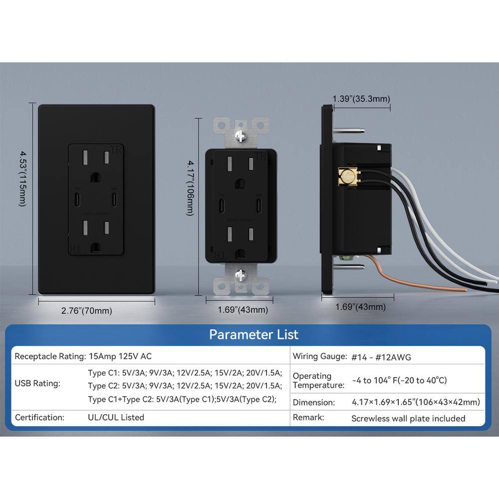 ELEGRP 30-Watt Dual Type C USB Duplex Wall Outlet for PD and QC 15 Amp Receptacle wWall  Plate (2-Pack Black) ER30WCC15-0202